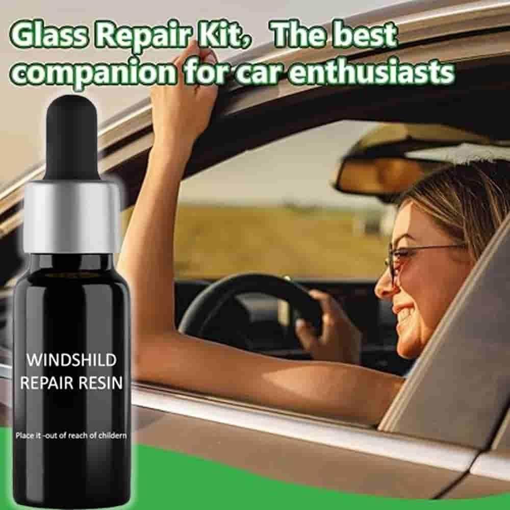 Bottle of windshield repair resin next to smiling woman driving a car with text glass repair kit