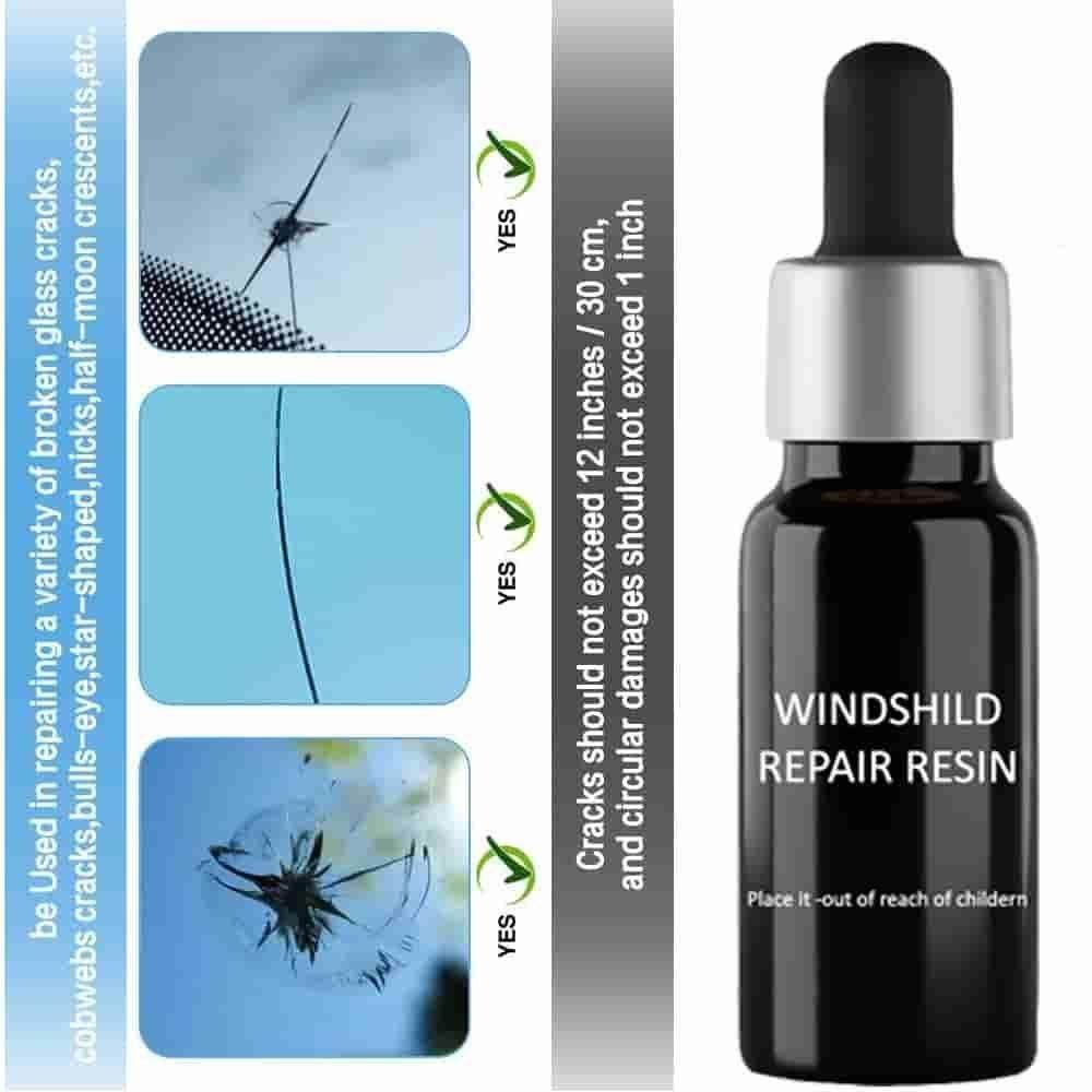 Windshield repair resin bottle with examples of glass cracks it can fix including star-shaped and circular cracks