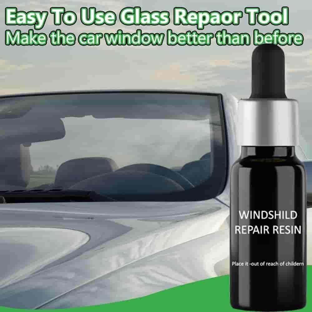Bottle of windshield repair resin next to a car windshield with text promoting easy glass repair tool