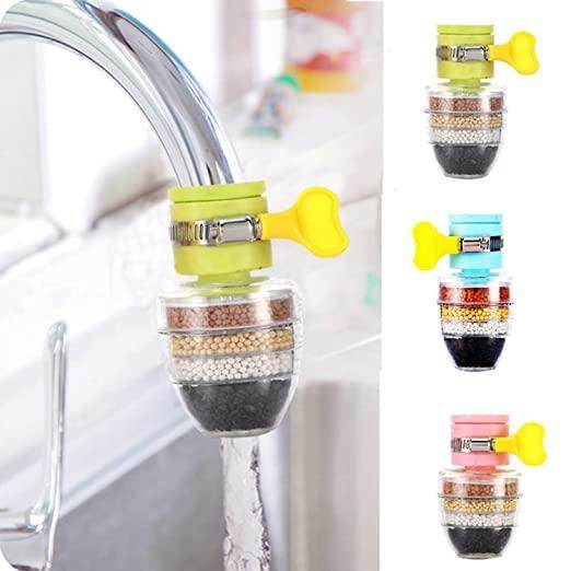 Activated carbon faucet water filter attached to kitchen tap with multiple color options and water flowing