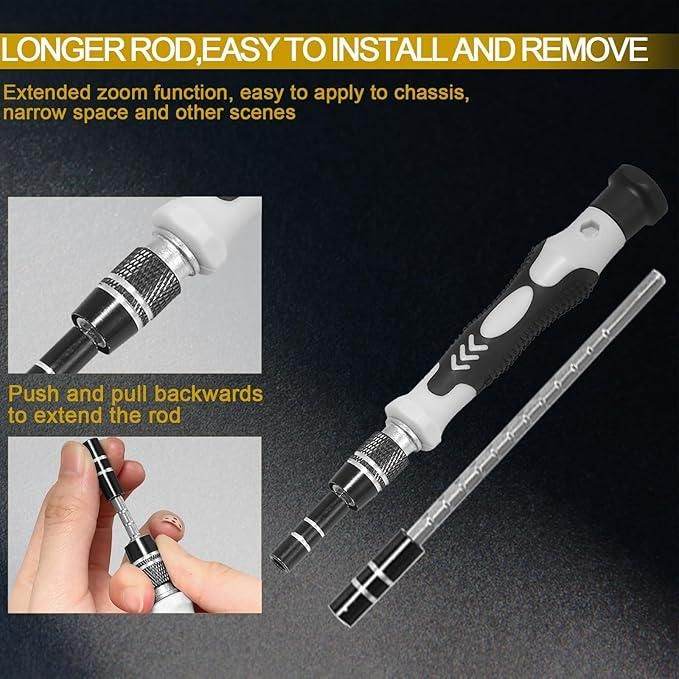 Appliance and gadget maintenance tool kit with extendable zoom screwdriver and easy grip handle