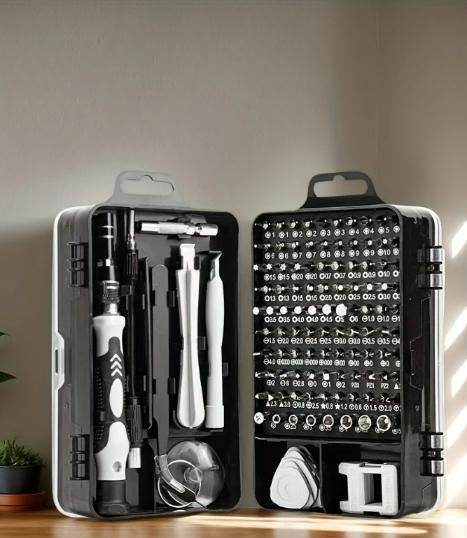 Compact appliance and gadget maintenance tool kit with various precision screwdrivers and accessories in a black carrying case