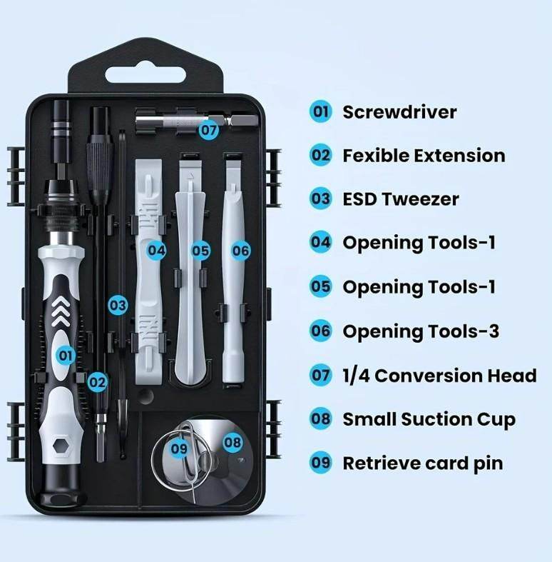 Appliance and gadget maintenance tool kit with screwdriver, tweezers, opening tools, suction cup, and card pin in a black case