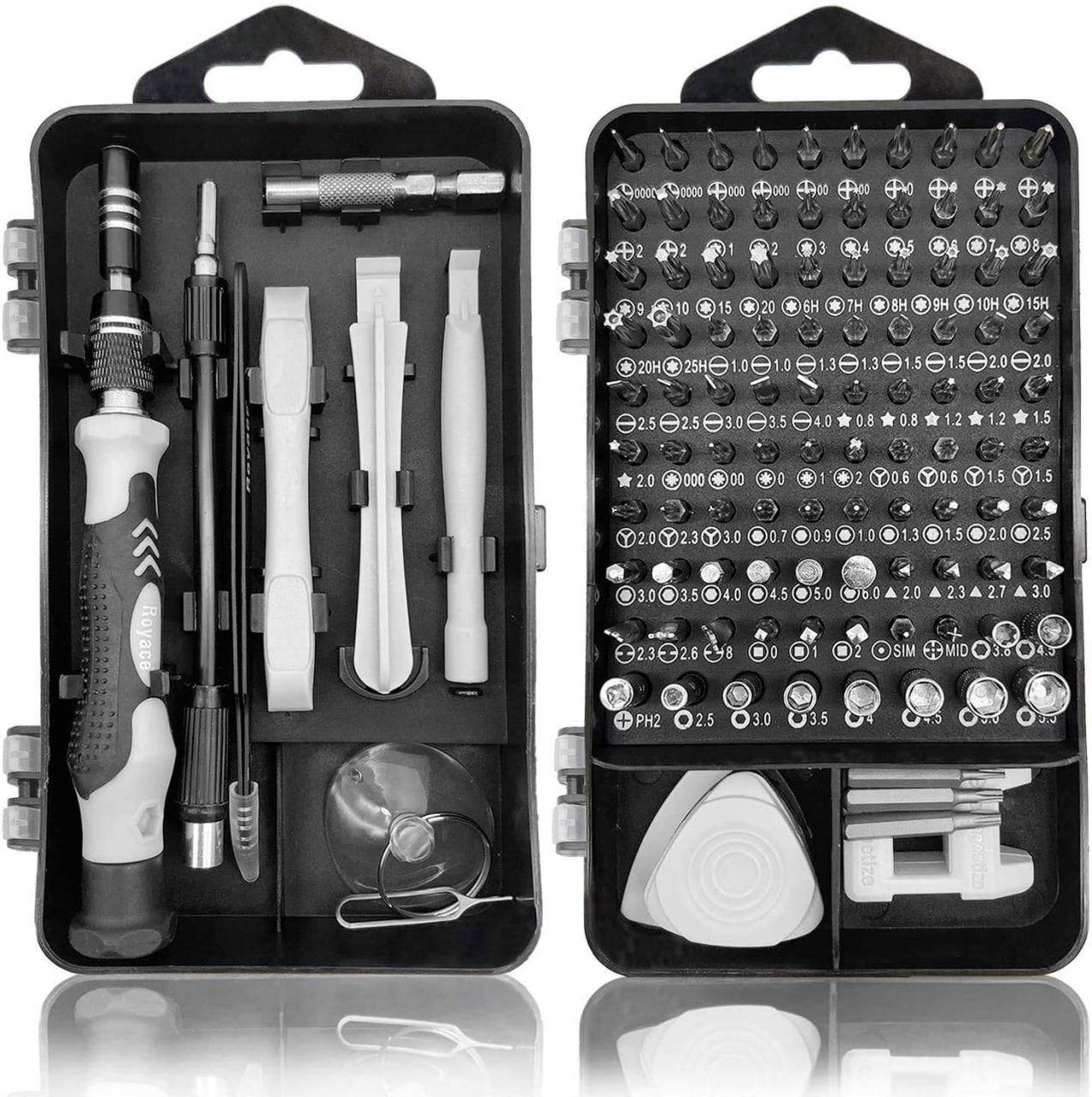 Comprehensive appliance and gadget maintenance tool kit with multiple screwdriver bits and pry tools in a compact case