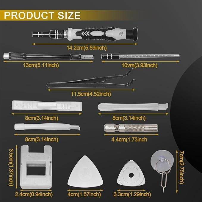 Appliance and gadget maintenance tool kit with screwdriver, tweezers, pry tools, suction cup, and various small tools