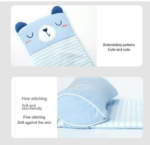 Blue baby head shaping pillow with cute bear embroidery and soft, skin-friendly fabric