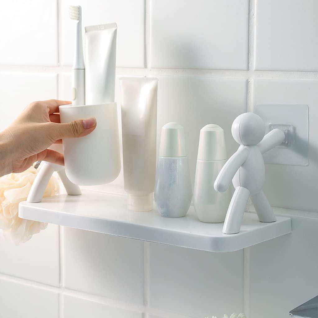 White bathroom organizer shelf for small spaces holding toiletries with suction cup installation