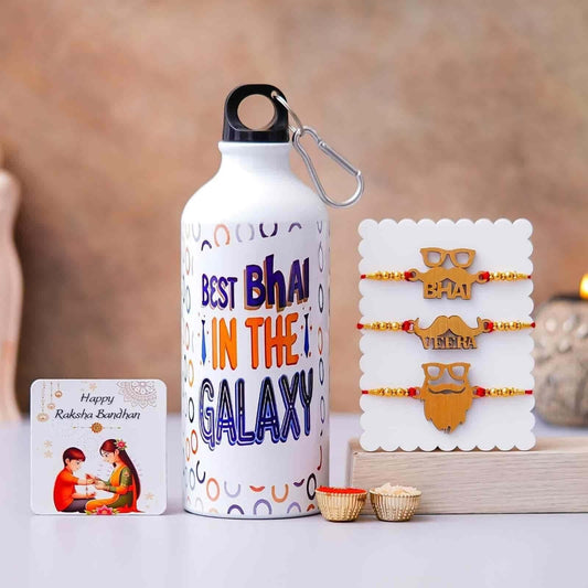 Best bhai rakhi gift set with colorful water bottle, three decorative rakhis, and Raksha Bandhan greeting card
