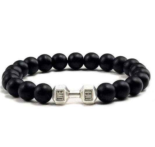 Black matte agate bracelet with round beads and silver dumbbell charm for fitness enthusiasts