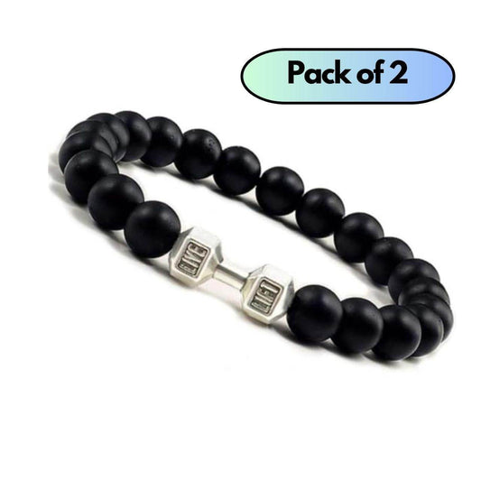 Pack of 2 black matte agate bracelet with silver dumbbell charm on white background