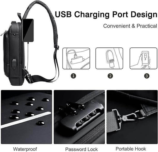 Black sling bag for men and women with USB charging port waterproof password lock and portable hook