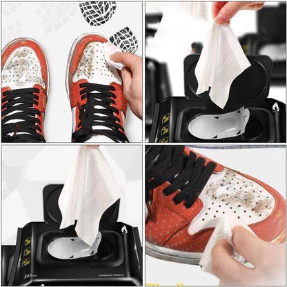 Eco-friendly sneaker cleaner wipes being used to clean dirty red and white sneakers in various close-up shots