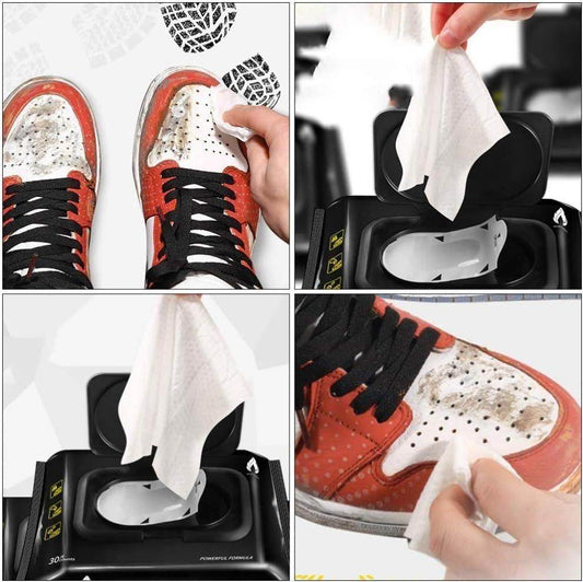Eco-friendly sneaker cleaner wipes being used to clean dirty red and white sneakers in various close-up shots