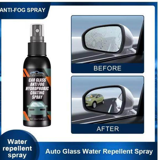 Car glass anti-fog spray bottle with before and after side mirror showing water repellent effect
