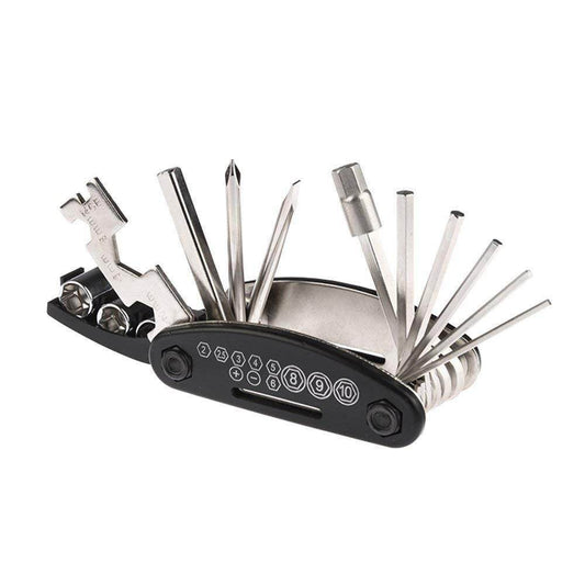 Compact bicycle maintenance toolset with multiple fold-out tools and wrench attachments