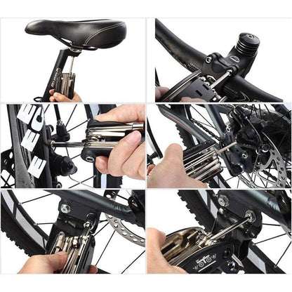 Compact bicycle maintenance toolset used for adjusting bike seat, handlebars, brakes, and spokes