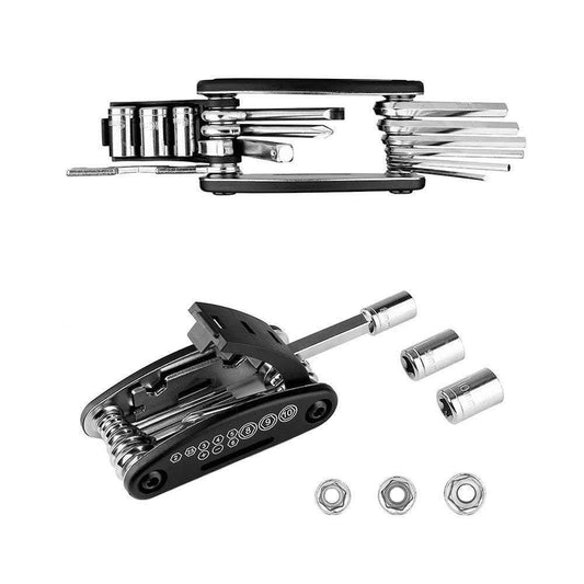 Compact bicycle maintenance toolset with multiple hex keys, socket wrenches, and nuts in black and silver