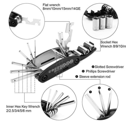 Compact bicycle maintenance toolset with multiple hex wrenches, screwdrivers, flat wrench, and socket hex wrench