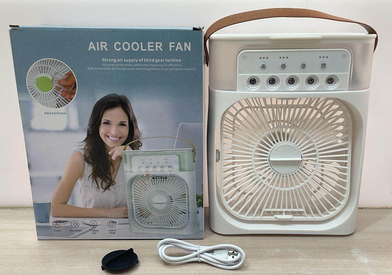 White cooling spray fan with water mist portable air cooler fan with adjustable settings and carrying strap