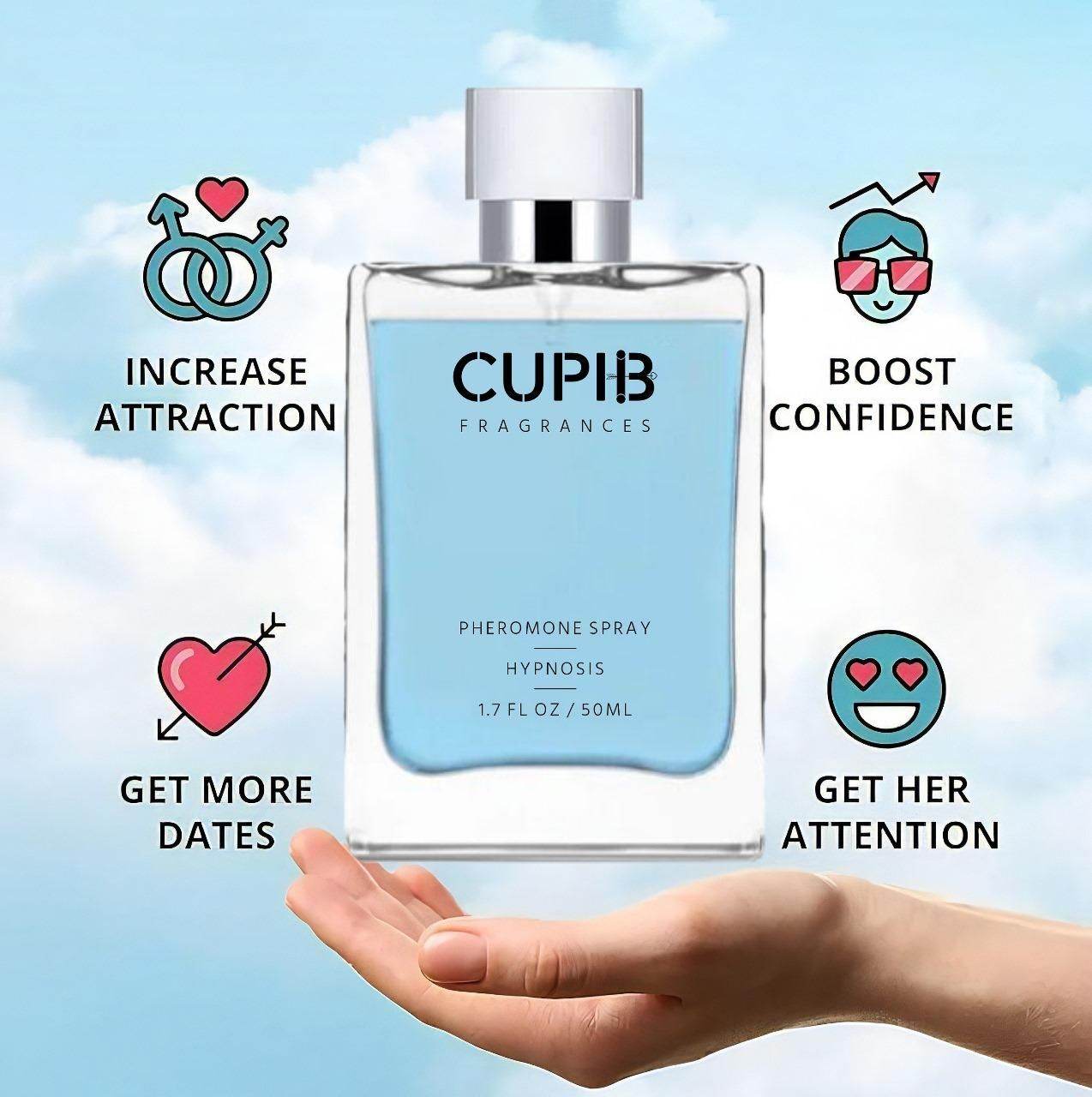 CUPHB pheromone cologne for men bottle held above hand with attraction and confidence icons