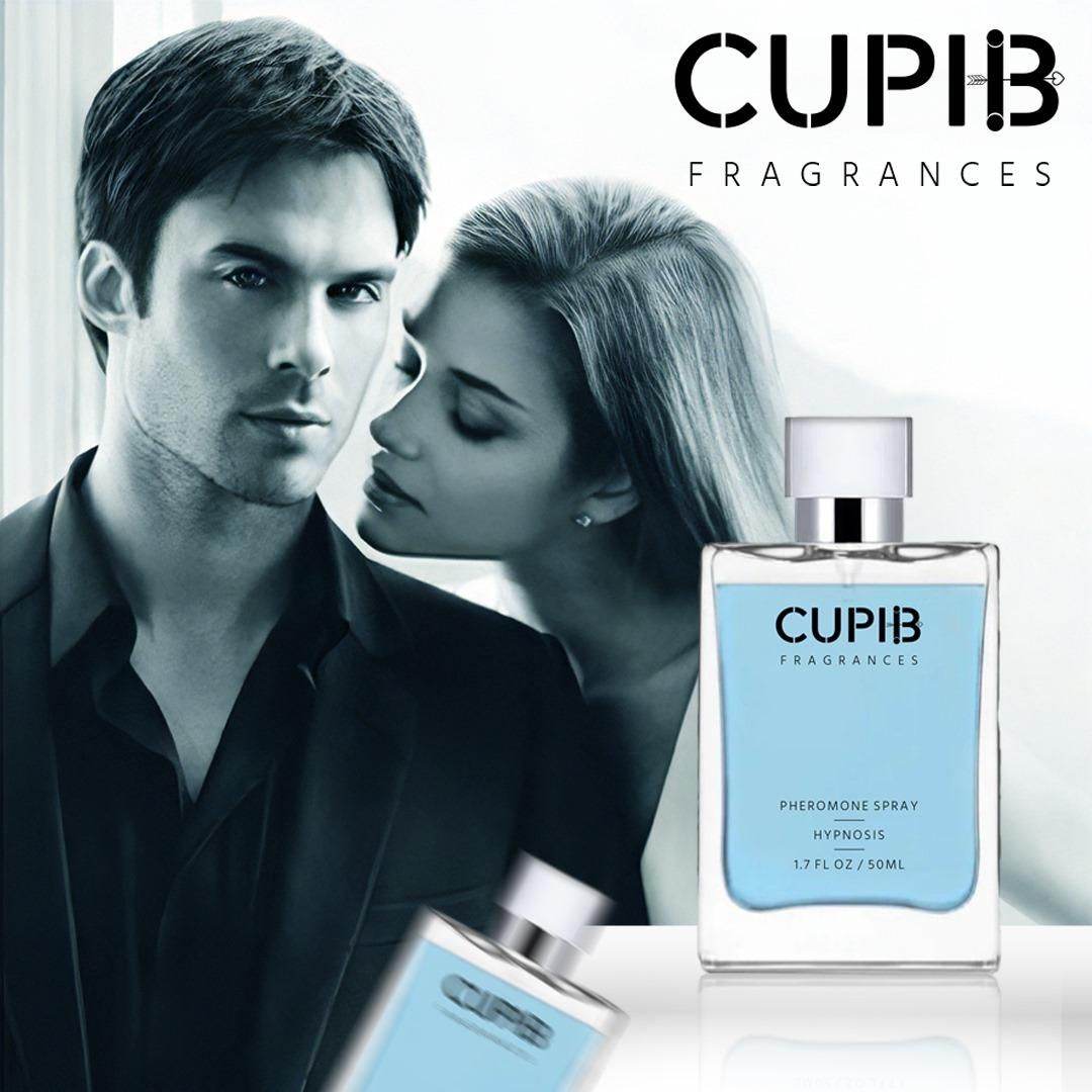 CUPIB pheromone cologne for men in blue bottle with couple in background for attraction