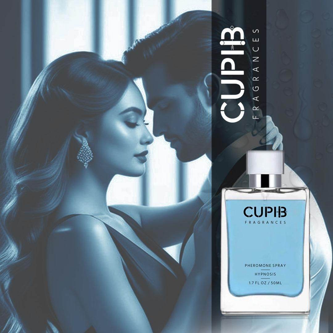 Cupib Fragrances pheromone cologne for men with a blue liquid bottle and romantic couple background