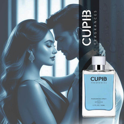 Cupib Fragrances pheromone cologne for men with a blue liquid bottle and romantic couple background
