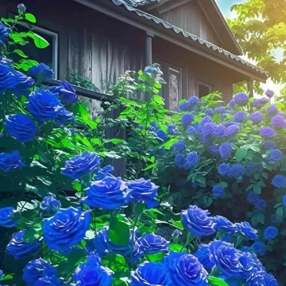 Vibrant blue climbing roses for home garden growing along a rustic wooden house in sunlight