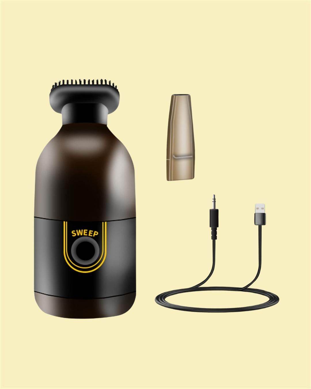 Compact electric head shaver with USB charging cable and detachable trimmer attachment in black and brown