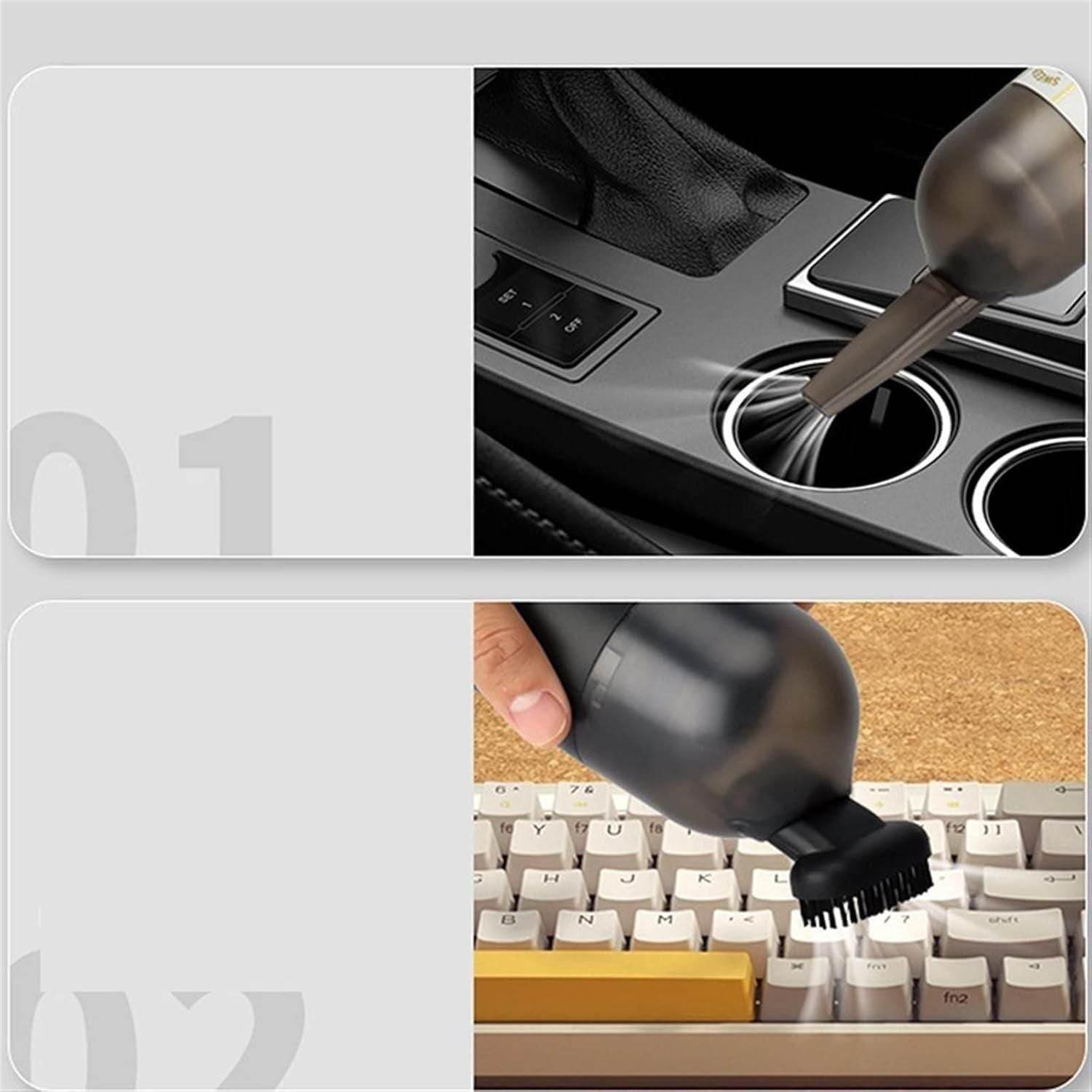 Portable handheld vacuum cleaner in use cleaning car cup holder and computer keyboard