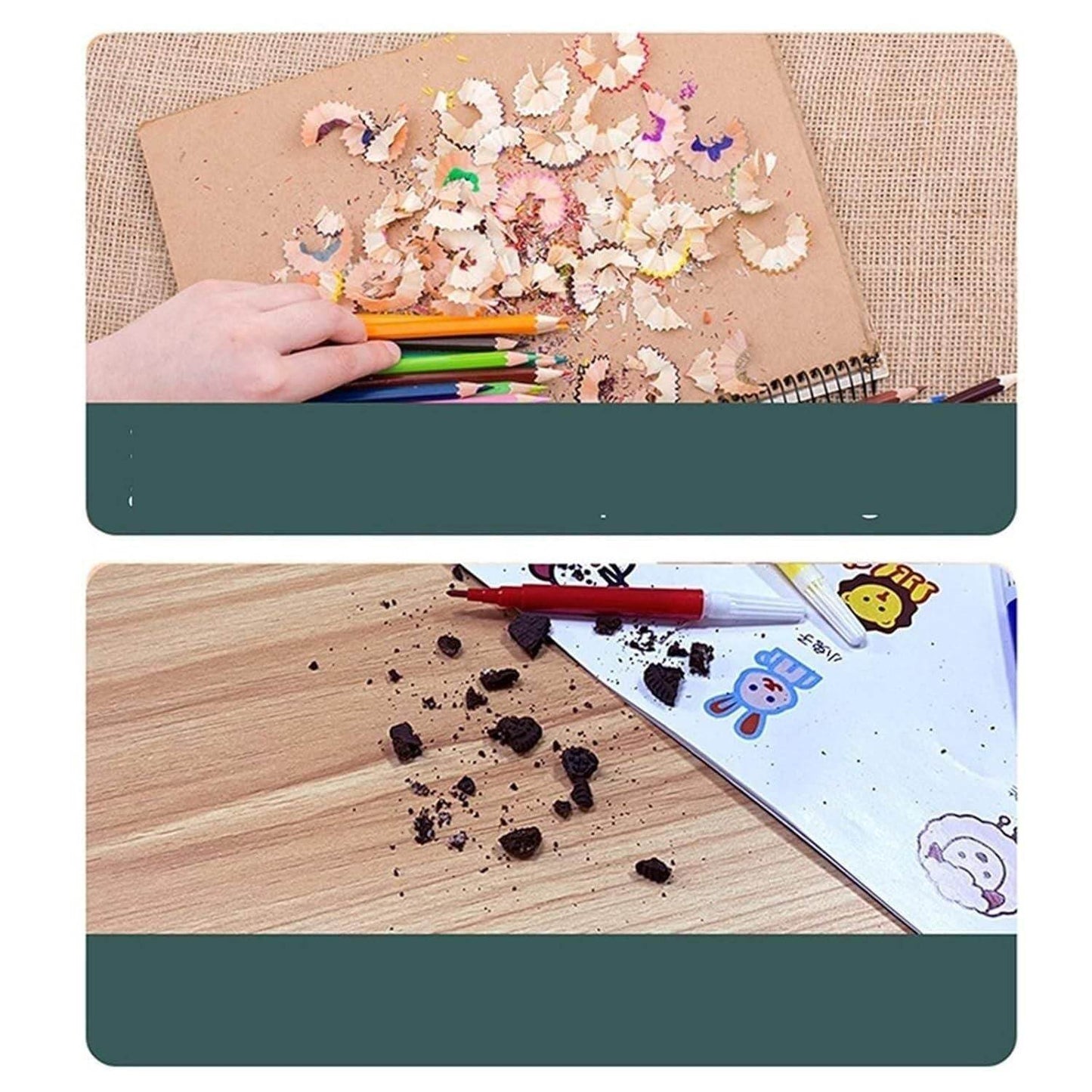 Color pencil shavings and broken colored pencil pieces on wooden surfaces with hand holding colored pencils