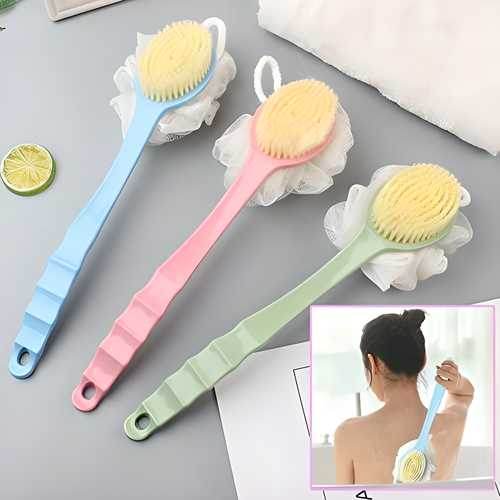 Set of three pastel-colored dual-sided bath brush for men and women with long handles and sponges