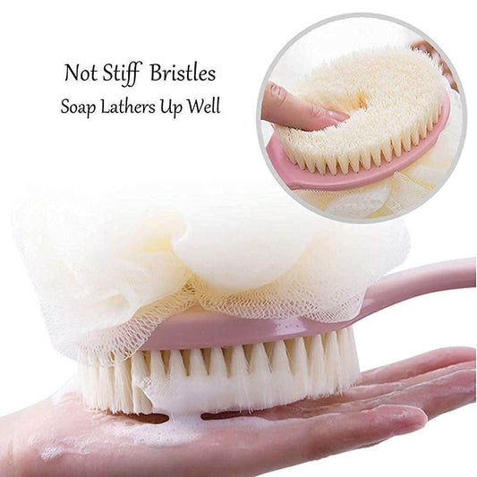 Dual-sided bath brush for men and women with soft bristles and a mesh sponge for effective cleansing