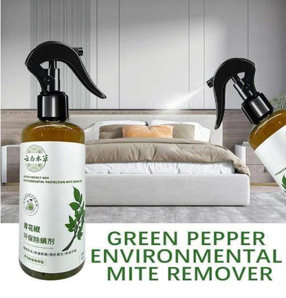 Eco-friendly anti-mite spray bottle with green pepper formula for environmental mite removal in bedroom