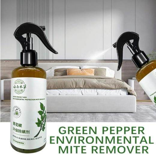 Eco-friendly anti-mite spray bottle with green pepper formula for environmental mite removal in bedroom