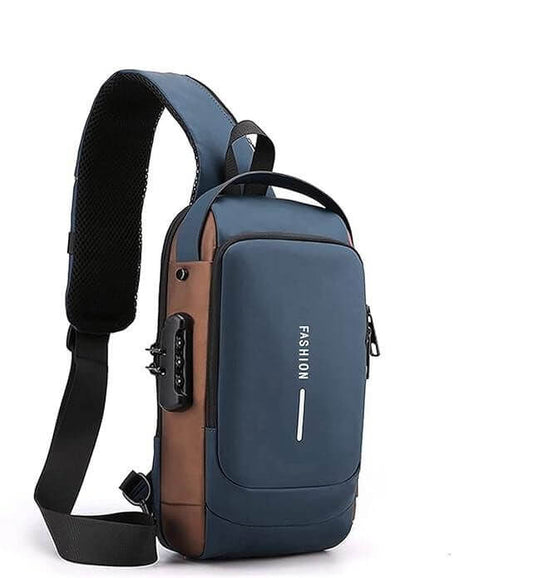 Blue and brown sling bag for men and women with adjustable strap and front zipper pocket