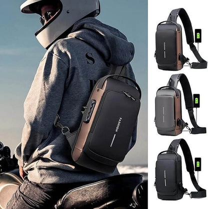 Sling bag for men and women in black and brown with USB charging port worn by motorcyclist