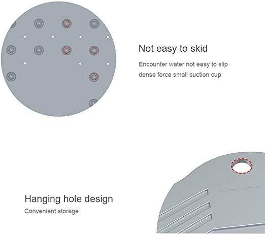 Close-up of gray foot scrubber mat for shower showing non-slip suction cups and hanging hole design