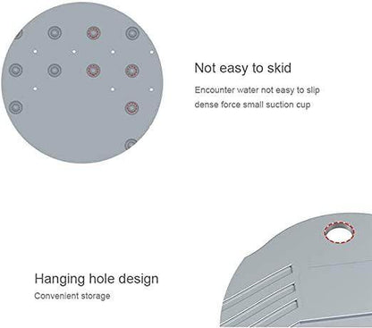 Close-up of gray foot scrubber mat for shower showing non-slip suction cups and hanging hole design