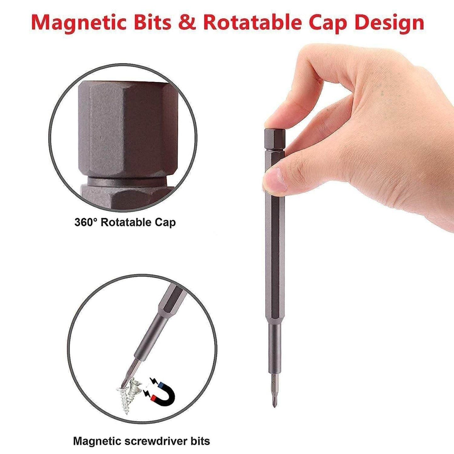 Hand holding screwdriver bit from 24 piece screwdriver kit showing magnetic bits and 360 degree rotatable cap