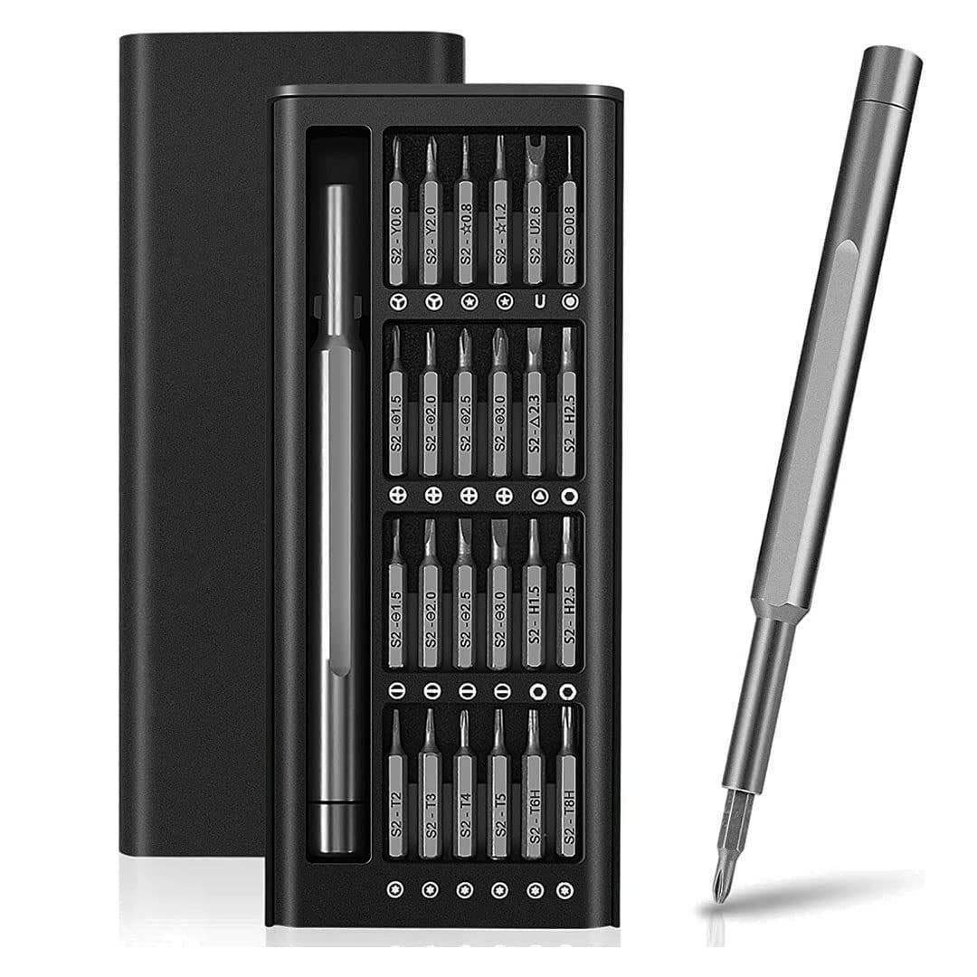 24 piece screwdriver kit with multiple precision bits and slim ergonomic handle in black case