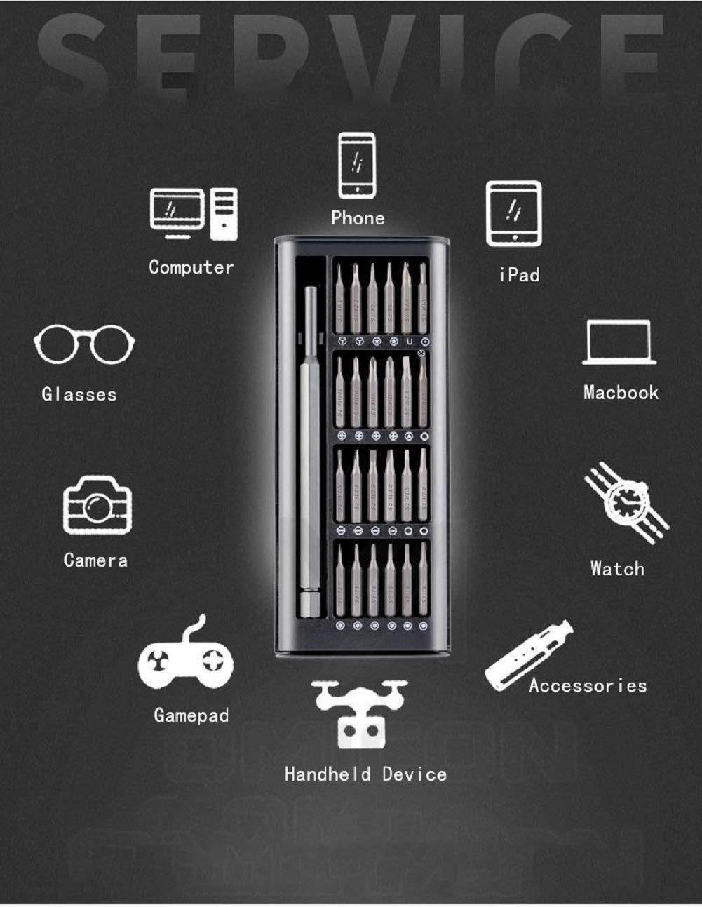 24 piece screwdriver kit with multiple bits organized in a black case for phones computers glasses and handheld devices