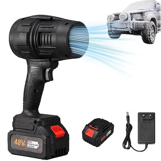 48V cordless handheld jet blower for home use with rechargeable battery and charger blowing air on a car