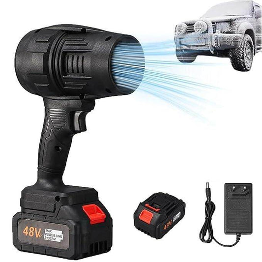 48V cordless handheld jet blower for home use with rechargeable battery and charger blowing air on a car