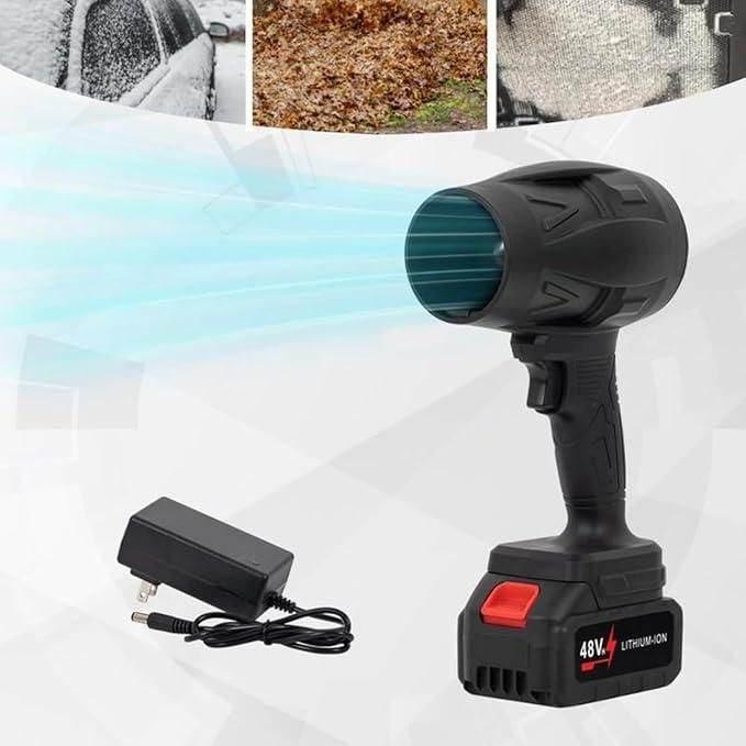 Black handheld jet blower for home use with 48V lithium-ion battery and charger shown blowing air