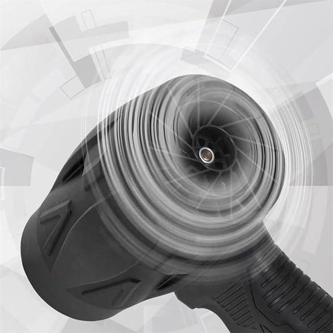 Black handheld jet blower for home use showing airflow and detailed nozzle design