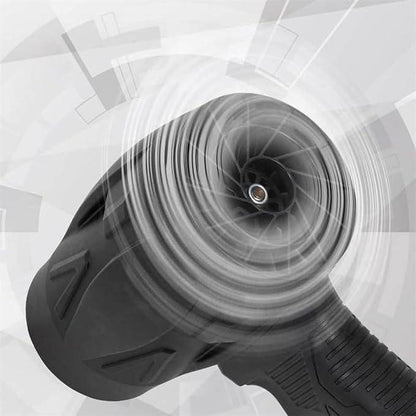 Black handheld jet blower for home use showing airflow and detailed nozzle design