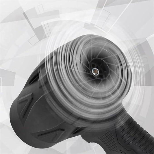Black handheld jet blower for home use showing airflow and detailed nozzle design