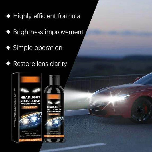 Headlight restoration polishing paste bottle and packaging beside a car with bright headlights