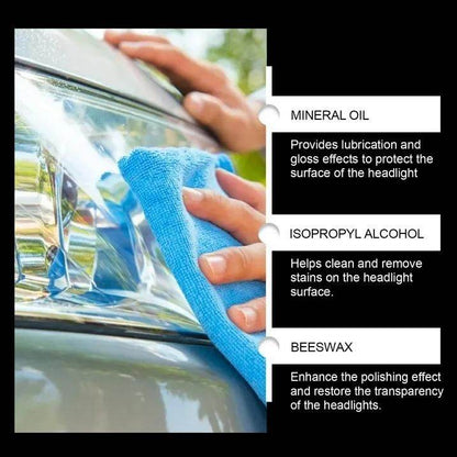 Hands cleaning car headlight with blue cloth using headlight restoration polishing paste components